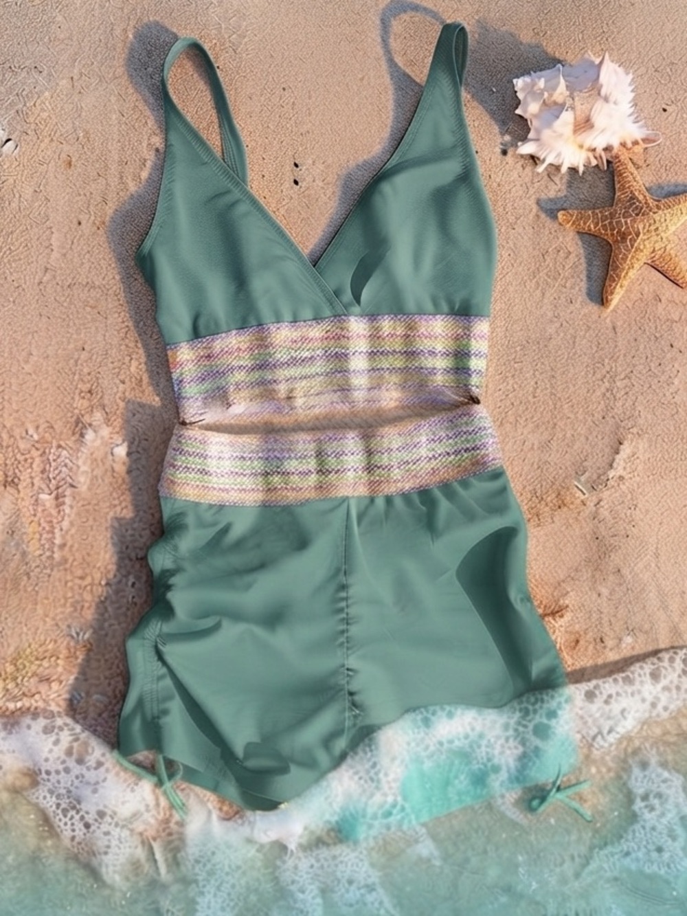 Green Ruched High Waisted Bikini Set Colorful Trim Two Piece Swimsuit L Vacation